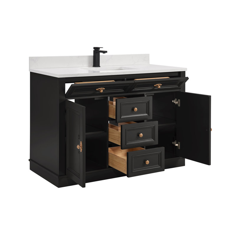 Meuble-lavabo 48 po avec comptoir en pierre artificielle 48 po, Or rose, Noir tricorne