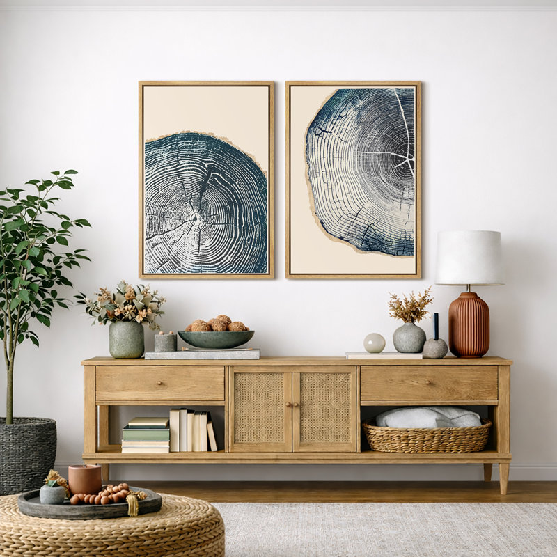 Tree Ring "Navy Blue Wood Stump Artwork, Simple Modern Rustic Wall Pictures, Framed Canvas Giclee Print 2 Pieces Wall Art Set" 16x24x2 pcs, 24x36x2 pcs