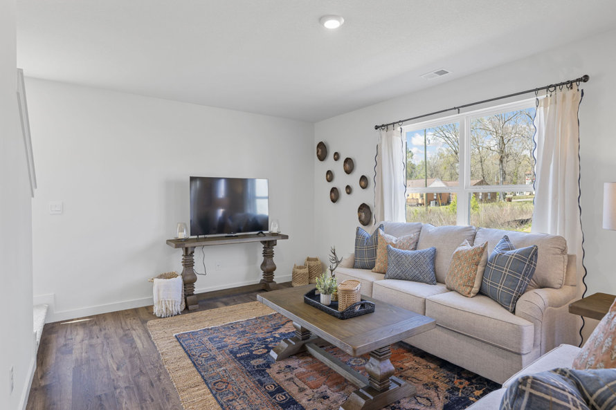 Living room with television, sofa, coffee table, and area rug.