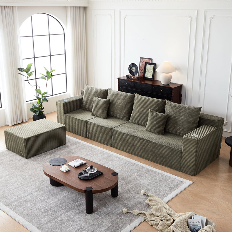 Canapé modulaire en velours modulaire à 5 places en velours côtelé Corduroy, H 30 po x l 137 po x P 40,5 po, 5, Vert