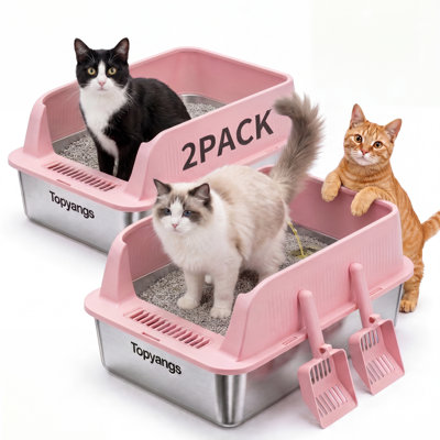 Lot de 2 bacs à litière en acier inoxydable, très grands pour grands chats, bac à litière XL en métal avec couvercle, bords hauts, anti-fuites d'urine, antiadhésif, pelle incluse, rose