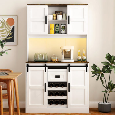 Buffet Cabinet White - Sliding Door With Storage For Cutlery And Glassware Bar Ample Shelves