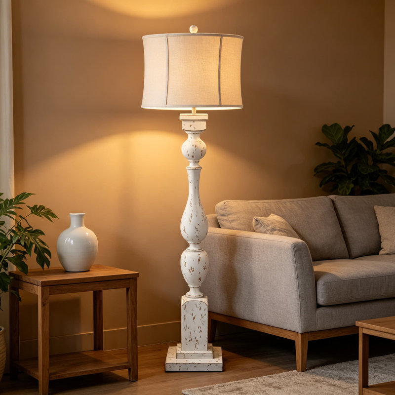 Lampe sur pied traditionnelle avec interrupteur à 3 voies, base en polyrésine blanc antique et abat-jour tambour en cloche pour le salon ou la chambre à coucher