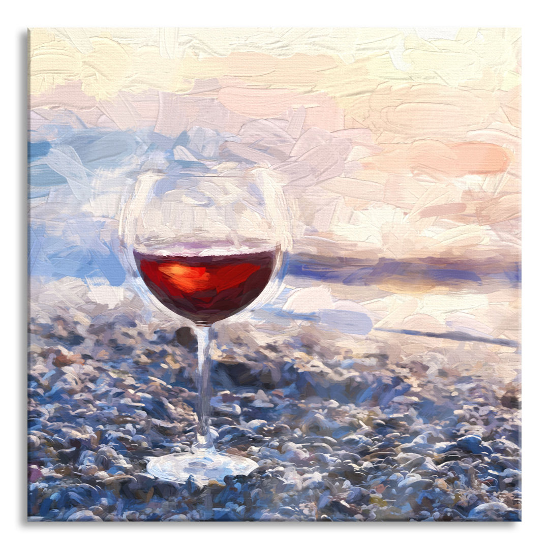 Glasbild Weinglas am Strand