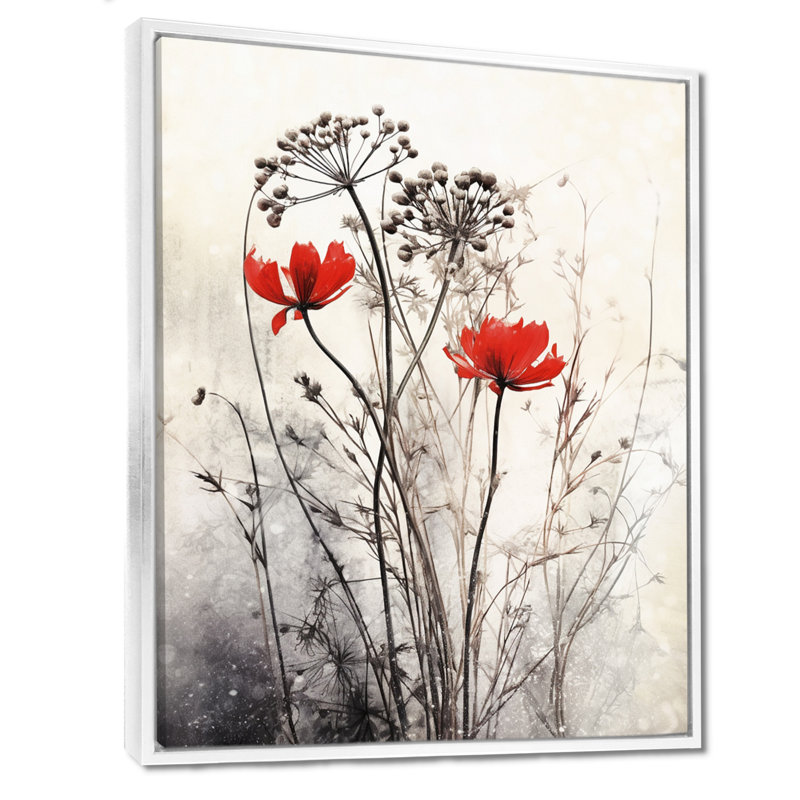 Décoration murale florale rouge et grise I, H 20 po x l 12 po x P 1 po, Blanc, Reproduction avec cadre flottant