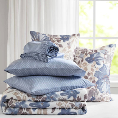 Blue Floral Comforter For Bed - Filling, Pillowcases Watercolor, 100% , Elasticized Fitted Sheet