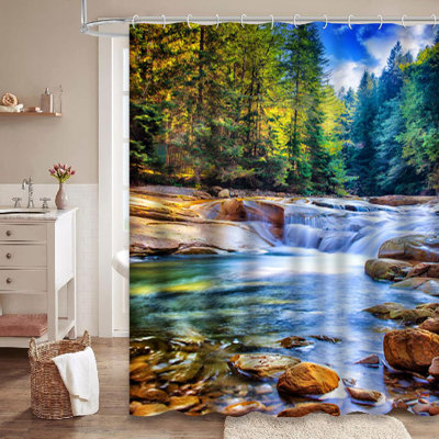 Forest Water Beautiful Waterfall Forest Fresh Water Stones Rocks Wonderful Shower Curtain with 12 Hooks