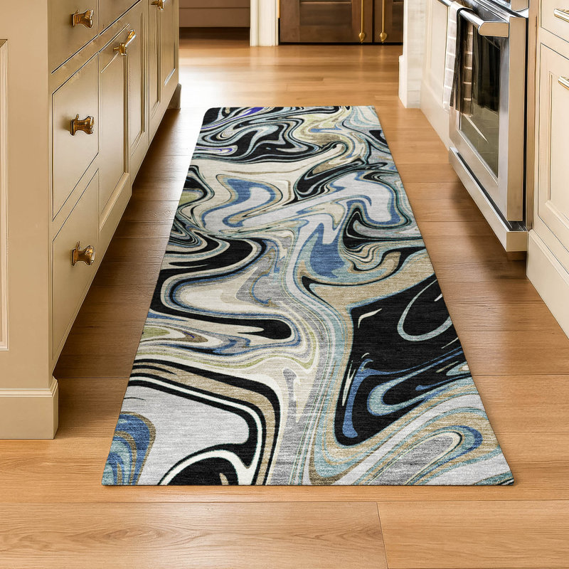 Premium Machine Washable Mayfield AMF2395 Abstract Rug, 2'3" x 7'6" Runner, Black