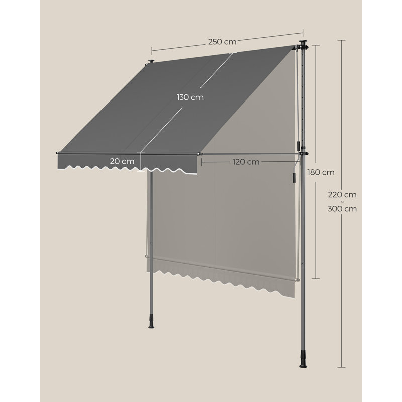 Dakota Fields 120cm W x 250cm D Polyester Cover Retractable Patio Awning, Anthracite Grey
