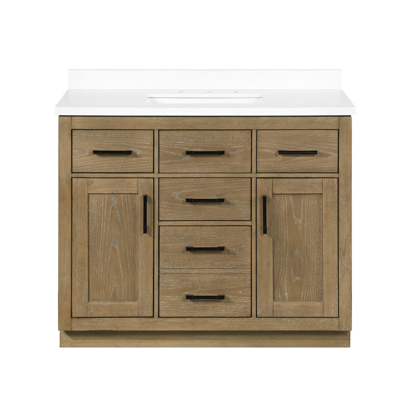 Bailey 42 in. Single Sink Freestanding Driftwood Oak Bathroom Vanity with Engineered Stone Top, Backsplash, Matte Black