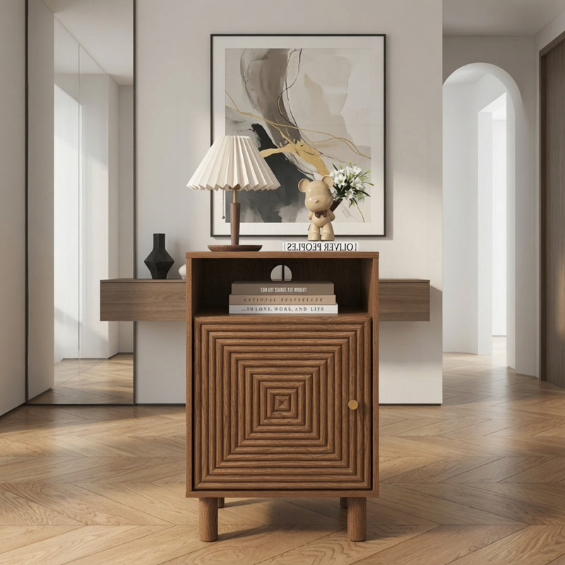 15.7” Width Brown Nightstand with Charging Station & Storage, Solid Wood Legs
