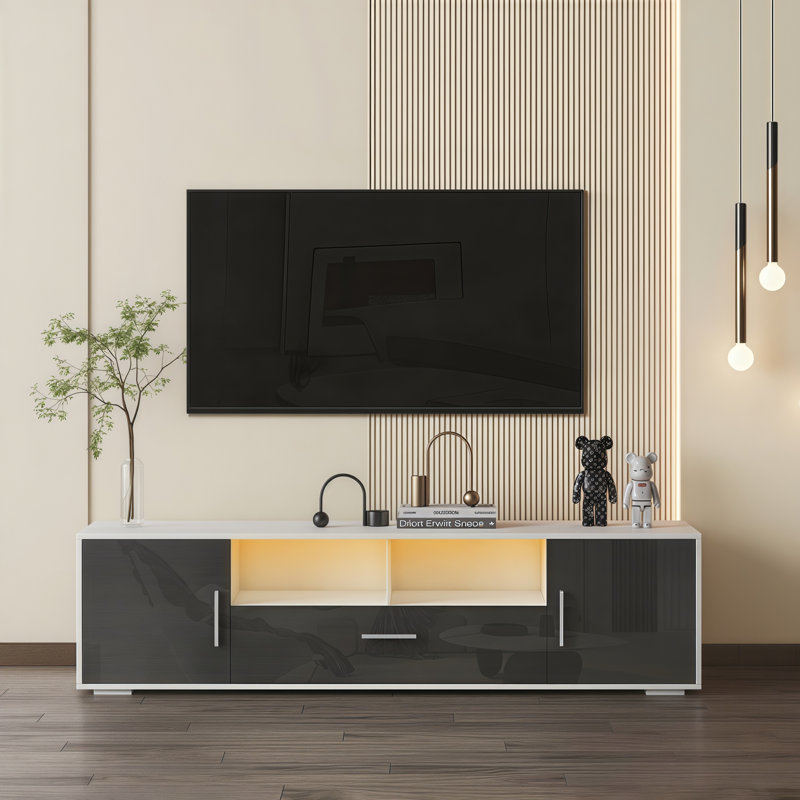 Modern High Gloss LED TV Stand For 75 Inch Tvs With RGB Lights & Storage Cabinet/Drawer, White