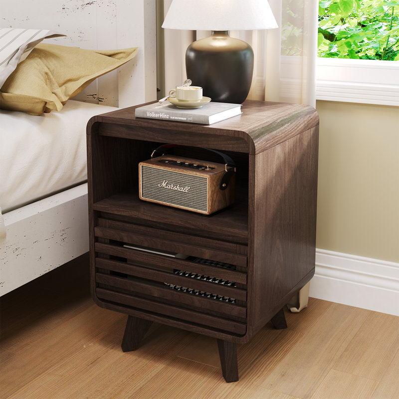 Nightstand with Drawer and Open Shelf Storage for Bedroom, Walnut, Walnut