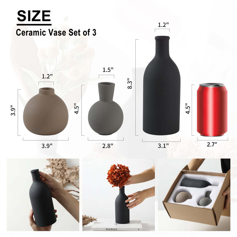 Rustic Farmhouse Ceramic Vase Set Of 3, Black/Gray