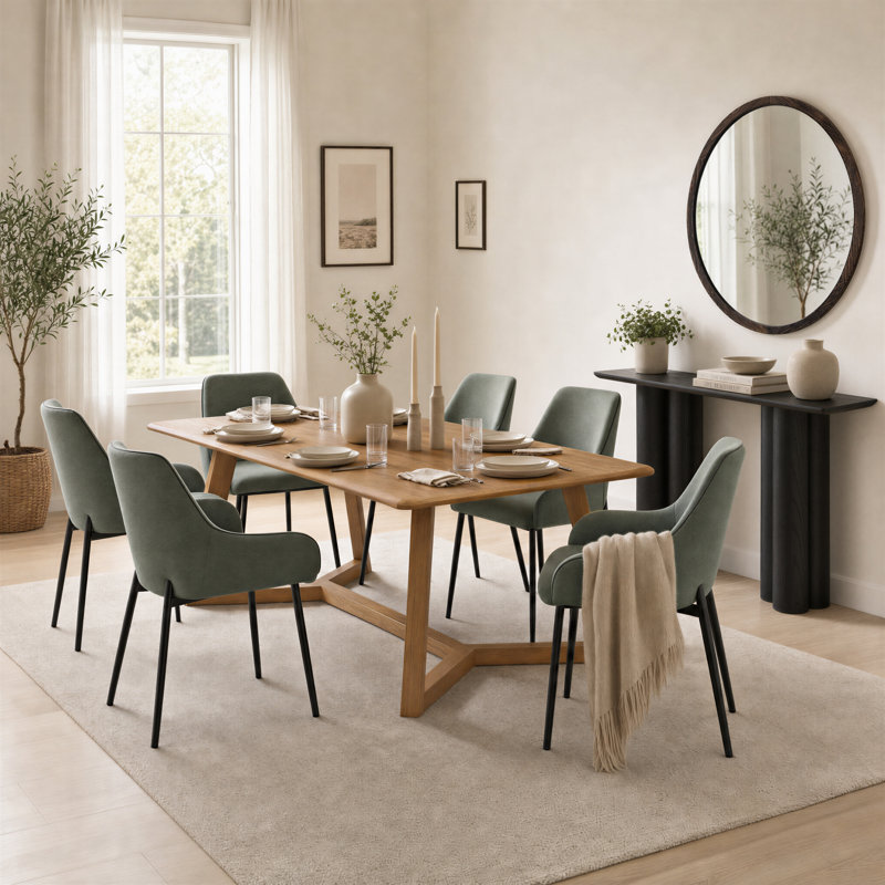 Beda Rubberwood Solid Wood Dining Set, 7, Walnut, Green