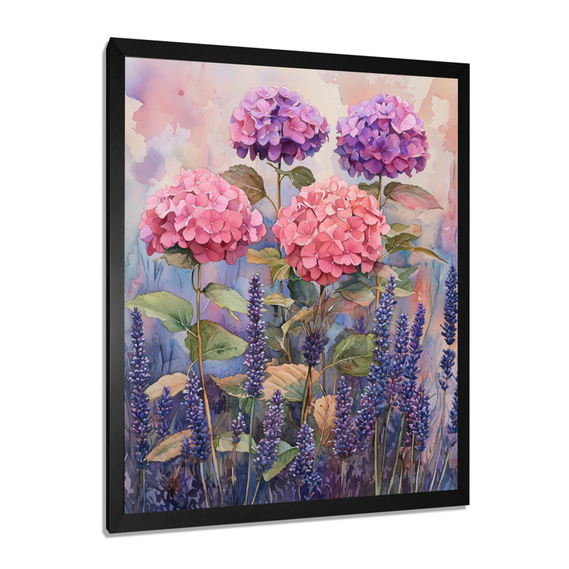 Hortensias dans un champ de lavande II - impressions murales florales, Black, H 20 po x l 12 po
