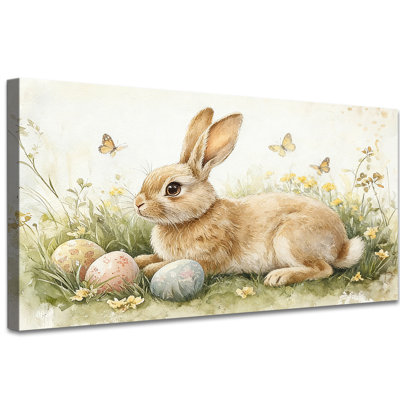 Lapin de Pâques et œufs pastel, reproduction d'art sur toile, lapin de printemps dans une prairie, aquarelle rétro, affiche pour décoration intérieure chrétienne, prête à être suspendue, 16 po x 32 po