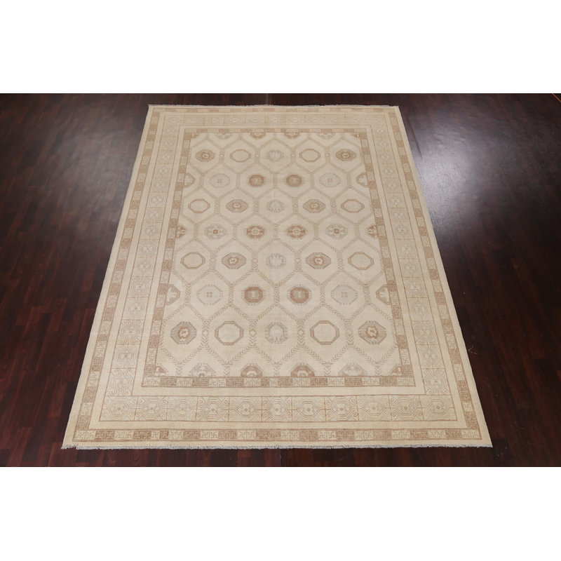 Tapis beige en laine noué à la main de conception unique 8 pi 10 po x 11 pi 6 po Shiiba