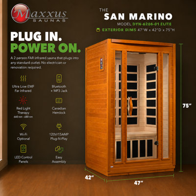 Dynamic Saunas San Marino 2-Person Ultra Low EMF FAR IR Sauna in Canadian Hemlock