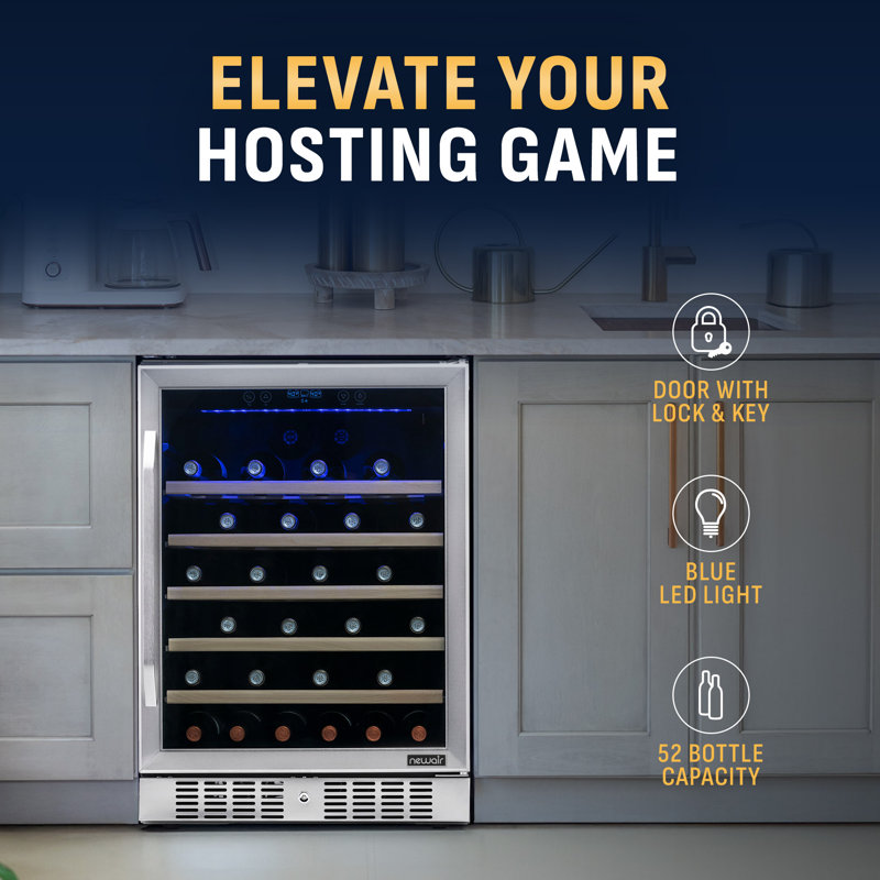 Newair 24" Built-in 52 Bottle Wine Refrigerator in Stainless Steel with Precision Digital Thermostat and Beechwood Shelves
