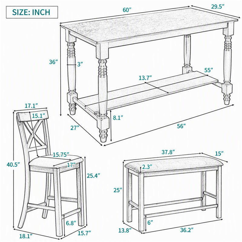 6-Piece Counter Height Dining Table Set Table with Shelf 4 Chairs and Bench for Dining Room, Gris, Beige