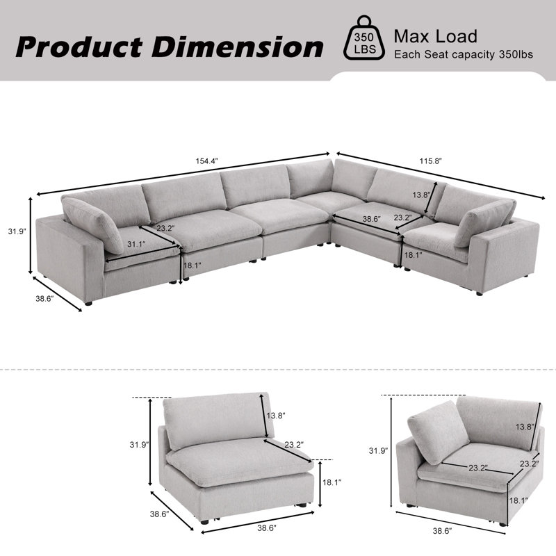 Canapé modulaire rembourré avec coussins Nuccio, Gris clair