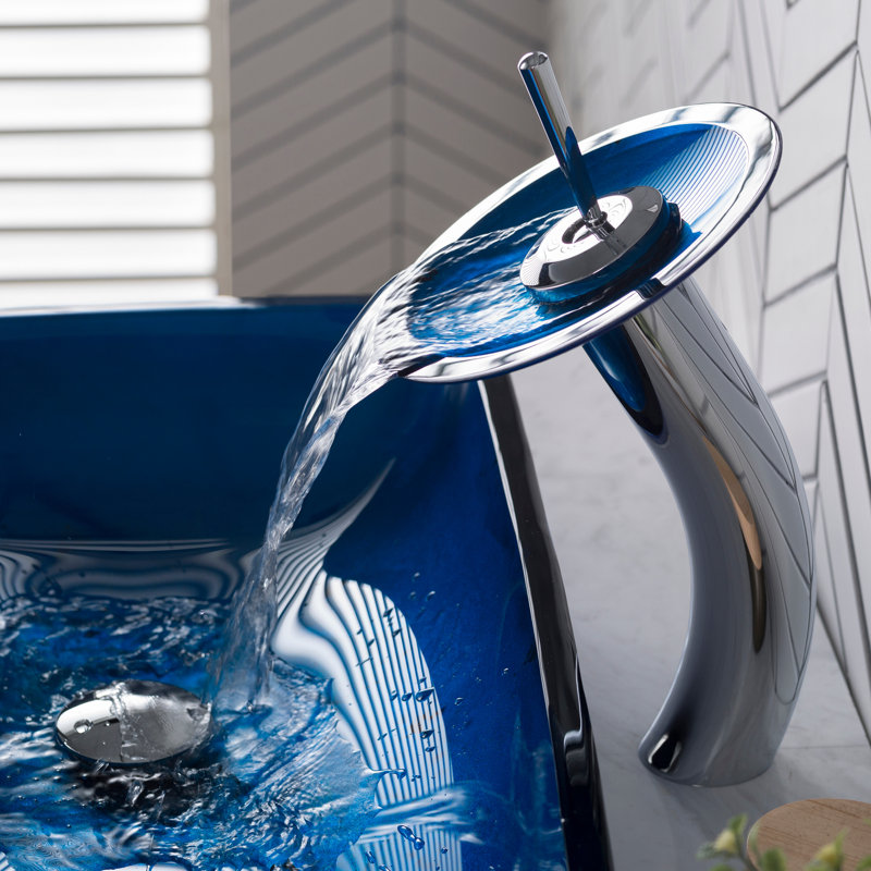 Fire Blue Glass Rectangular Vessel Sink with Chrome Faucet
