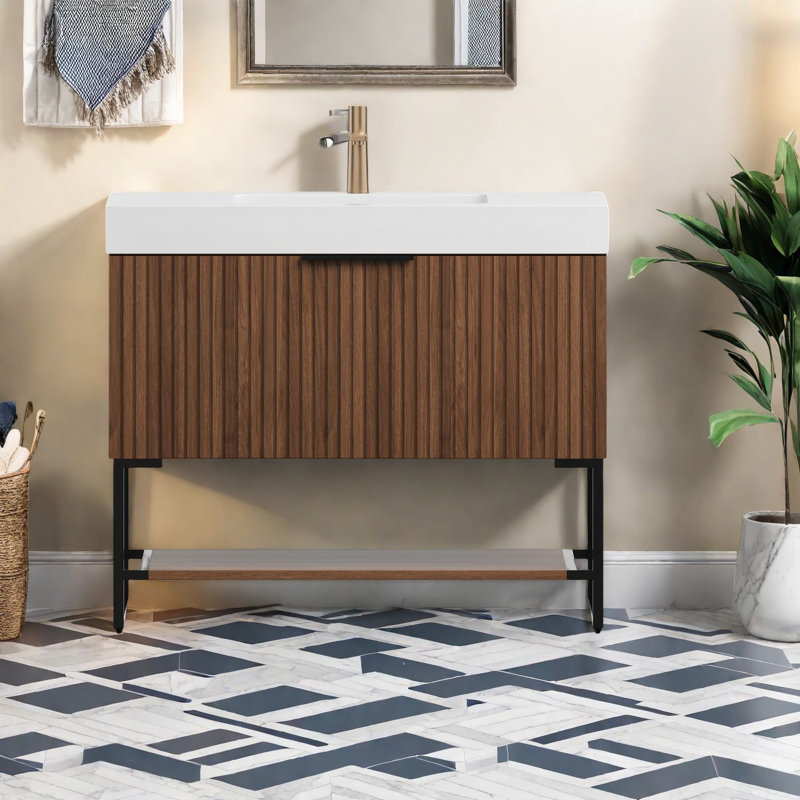 Meuble-lavabo robuste en bois avec lavabo, conception autoportante moderne pour la salle de bain