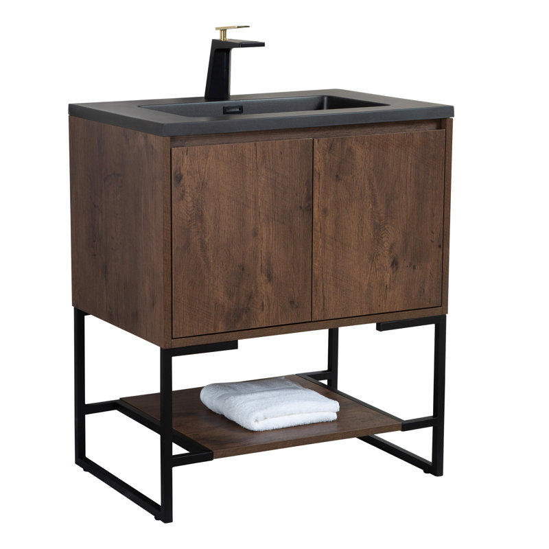 Meuble-lavabo polyvalent avec lavabo intégré et rangement spacieux, idéal pour les salles de bain modernes.