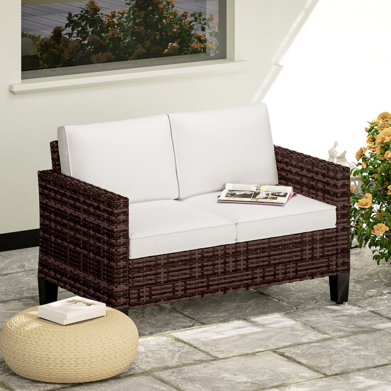 128cm Wide Straight Patio Sofa with Cushions, Cream, Brown