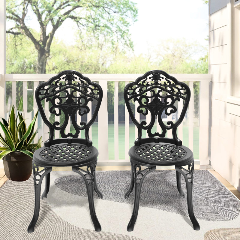 Chaises de patio en aluminium moulé (lot de 2), noires, motifs raffinés, résistants, coussin antidérapant, dossier et assise confortables. Chaises de salle à manger (lot de 2), design élaboré, peinture, repose-pieds.