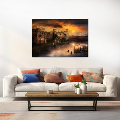 Château brumeux au coucher du soleil : une œuvre d'art murale abstraite et onirique représentant un oiseau et une architecture au coucher du soleil.