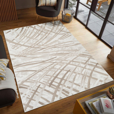 Tapis abstrait moderne Akkaya | Tapis en polyester doux | Tapis contemporain contemporain à coup de pinceau pour le salon, la chambre à coucher et la salle à manger