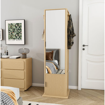 Armoire de maquillage rotative à 360 °, armoire à bijoux avec miroir pleine grandeur, armoire de rangement sur pied avec portemanteau, 4 couches de tablettes ouvertes et 2 couches de tablettes intégrées, noyer