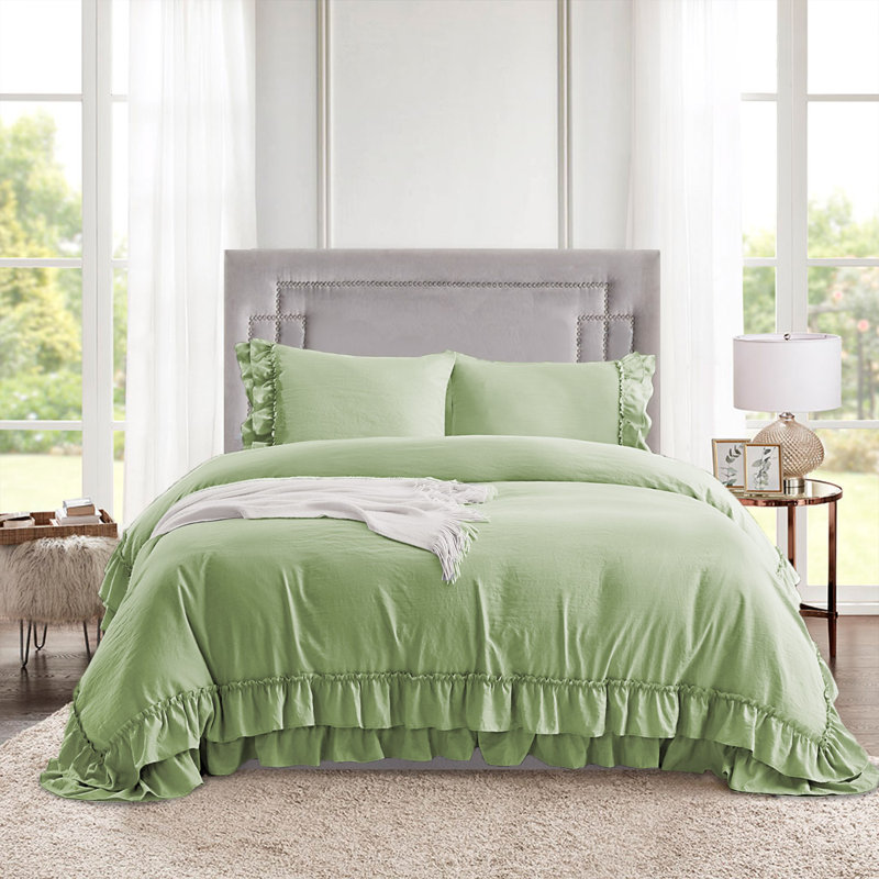 Ensemble de housse de couette pré-lavée ultra douce de taille 3 avec franges faites à la main, Sage