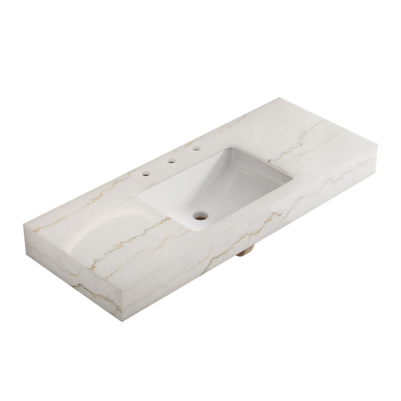 Comptoir LULA 48 po avec bordure en marbre blanc naturel, lavabo encastré en céramique avec 3 trous de robinetterie, sans robinetterie ni meuble, blanc