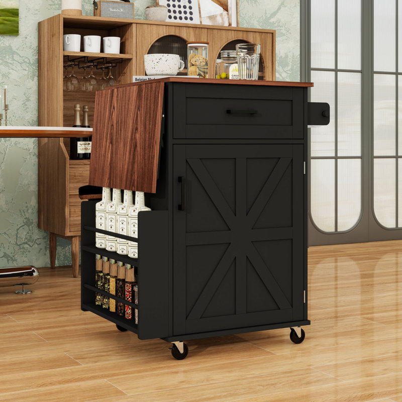 Rustic Mobile Kitchen Island Cart with Drop Leaf, Adjustable Shelf, Storage Drawer and Lockable Wheels, Noir