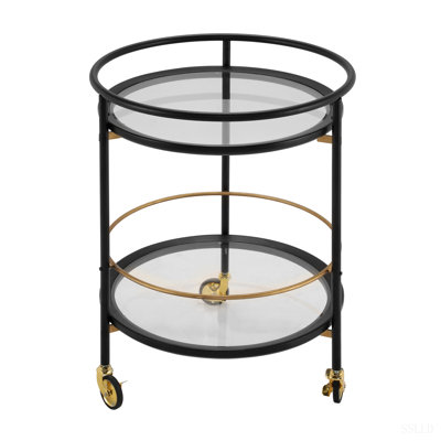 Modern Round Bar Cart with Tempered Glass Shelves and Gold Locking Casters
