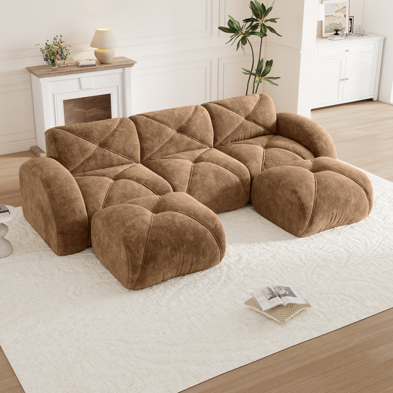 Canapé en velours avec repose-pieds mobile Boneless, Brun