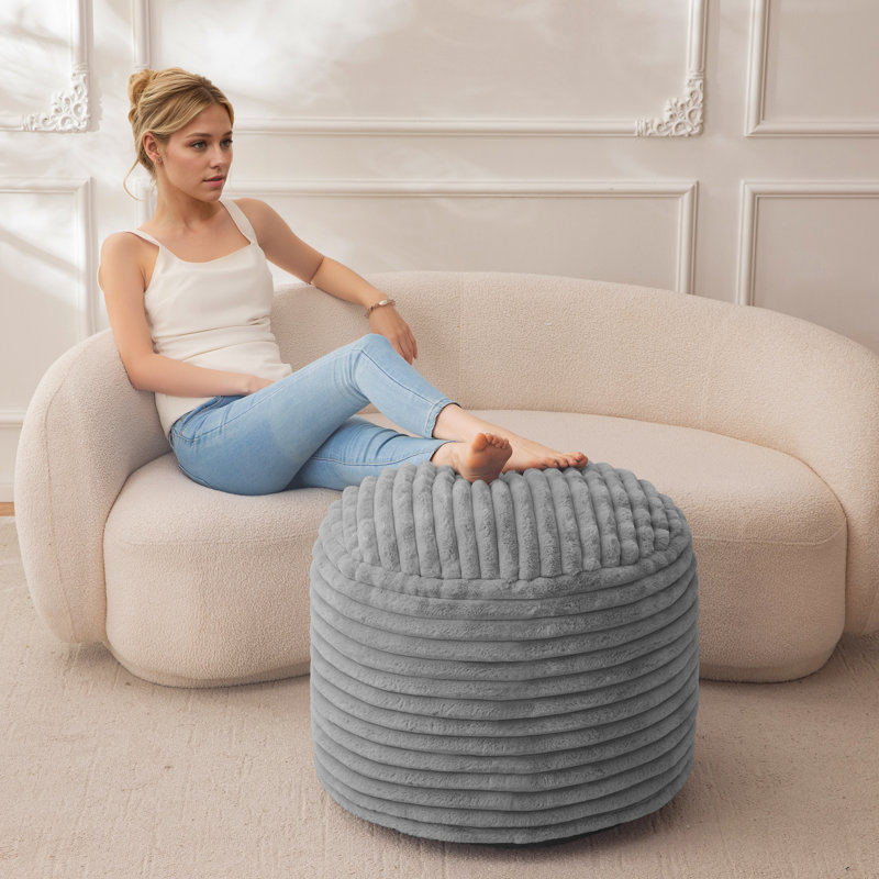 Pouf rond en velours côtelé à rayures, Gris, 20"