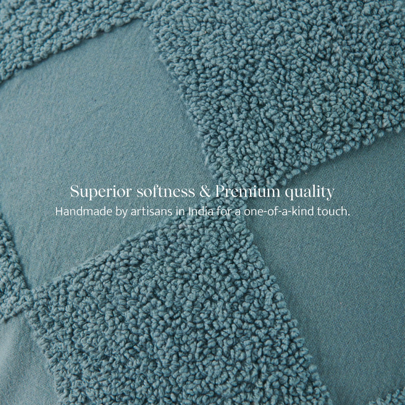 Double Stitch 100% Cotton Checkered Tufted Boho Decorative Throw Pillow Covers, Smoky Blue