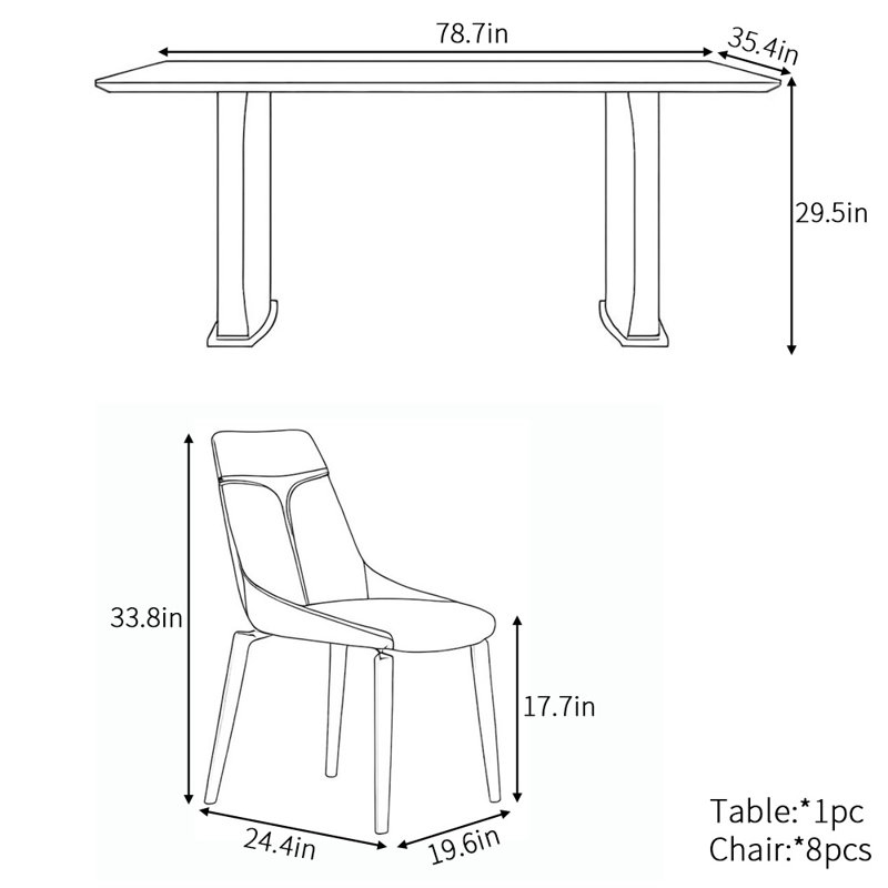 Modern light luxury rectangular dining table set, 29.5"H x 78.7"L x 35.4"W