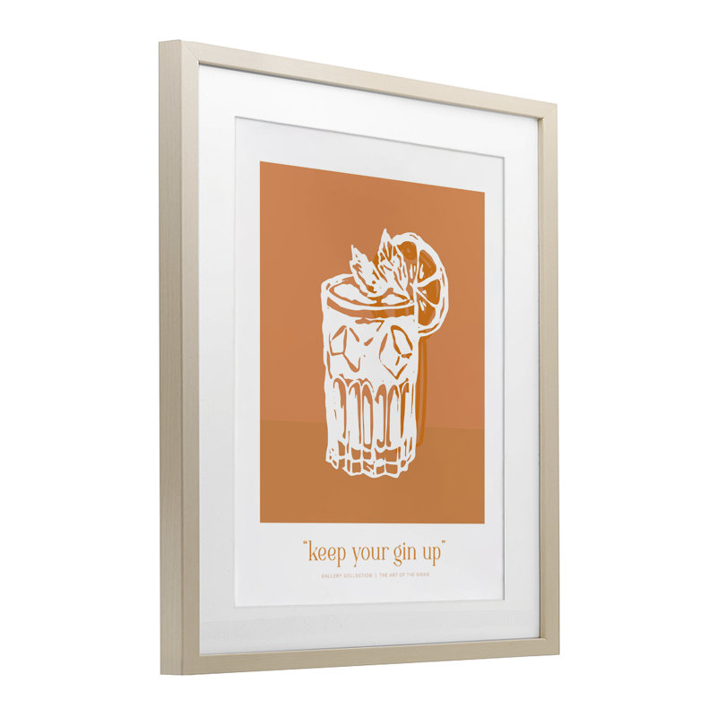 «Keep Your Gin Up», reproduction sous verre encadrée, design par lettré et doublé, H 16 po x l 13 po, Cadre de récolte en pin