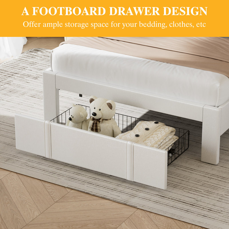 Modern PU Leather Storage Twin Size Bed Frame with Adjustable Tufted Headboard, Twin, White