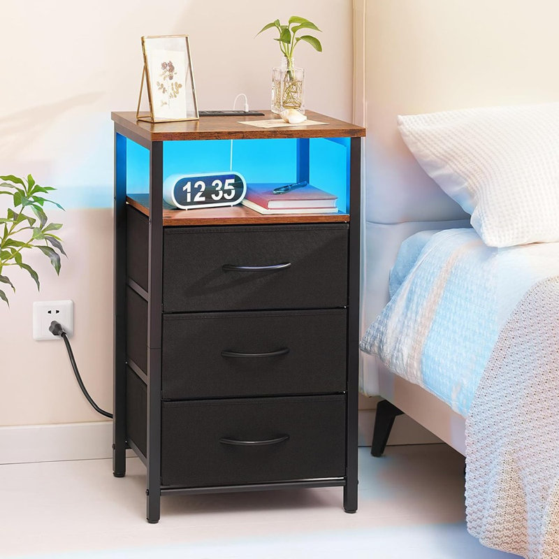 Night Stand With Charging Station, 3 Fabric Drawers Nigh...