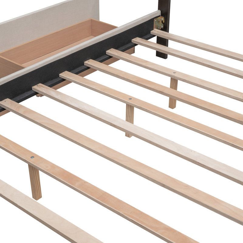 Lit plateforme tapissier avec tiroirs et lit gigogne, Beige