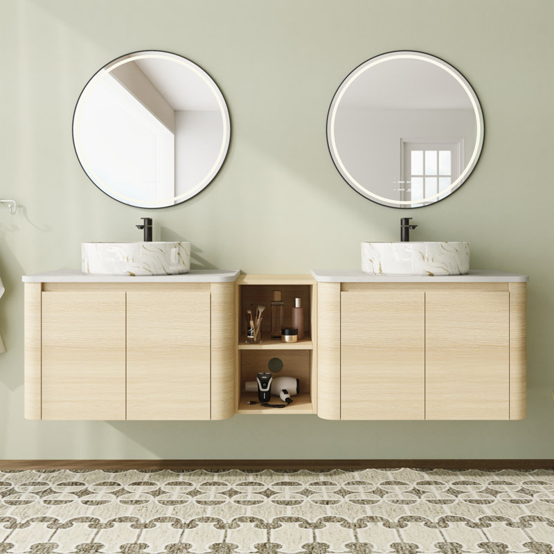 Meuble-lavabo double 72 po avec dessus en pierre reconstituée et portes à fermeture en douceur 72 po