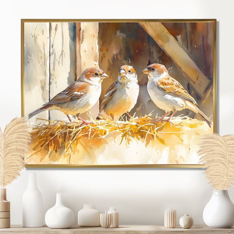 Sparrows Bird In The Barnyard I - oiseau, art mural, H 12 po x l 20 po, Cadre flottant, Doré