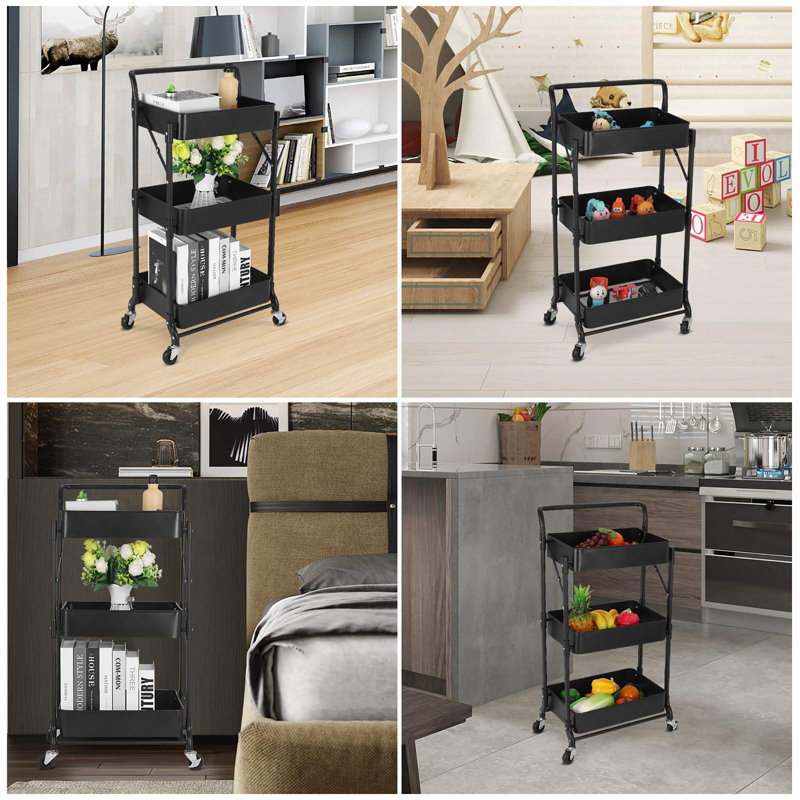 Chariot roulant pliable en métal à 3 niveaux, Noir