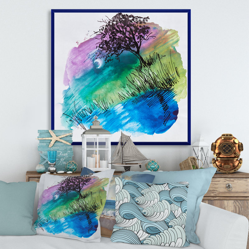Silhouette d'arbre sur la berge la nuit - peinture sur toile, H 30 po x l 30 po x P 1 po, Cadre flottant bleu